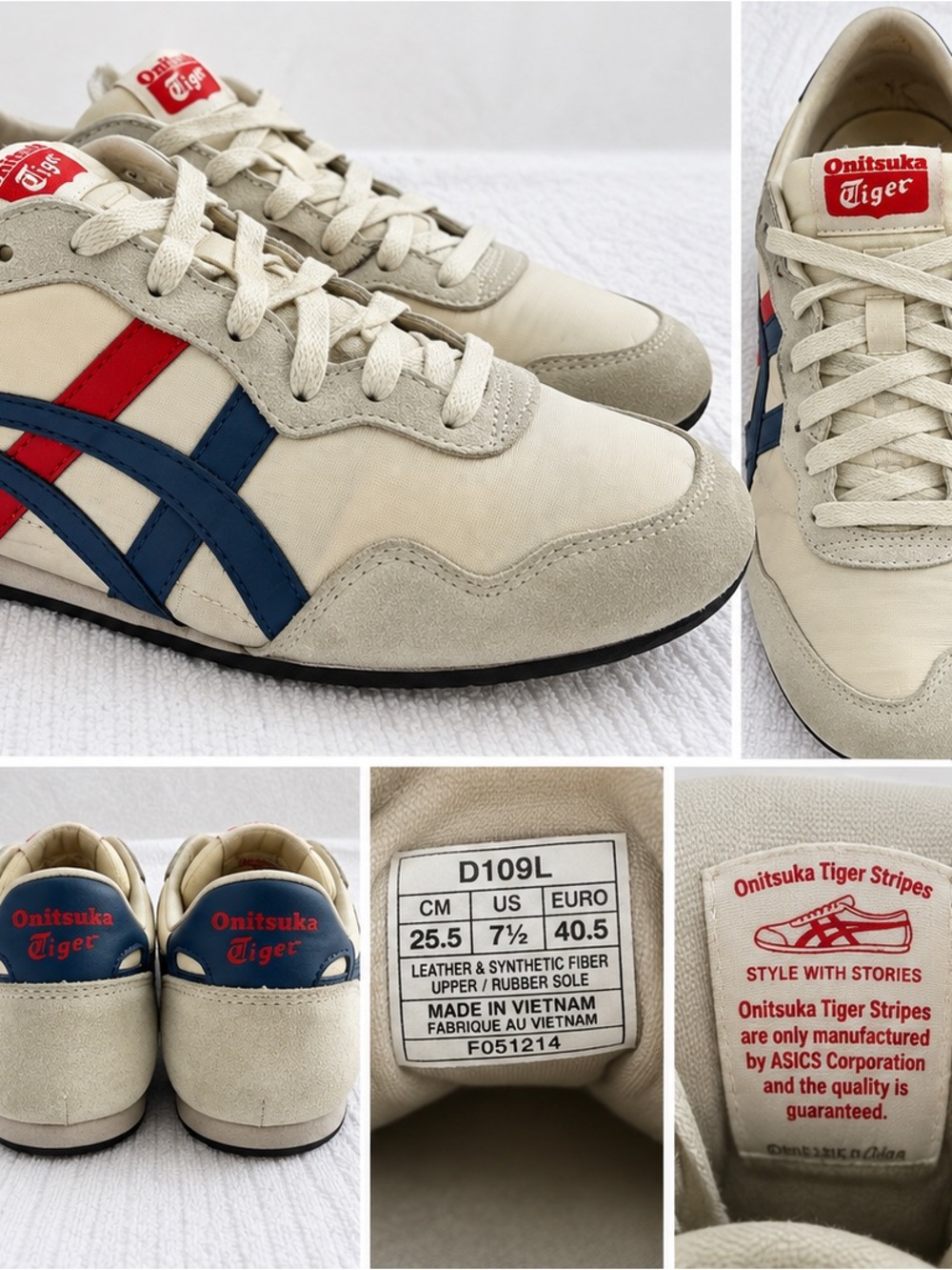 Onitsuka Tiger by Asics Cream Sneakers with Blue & Red Stripes